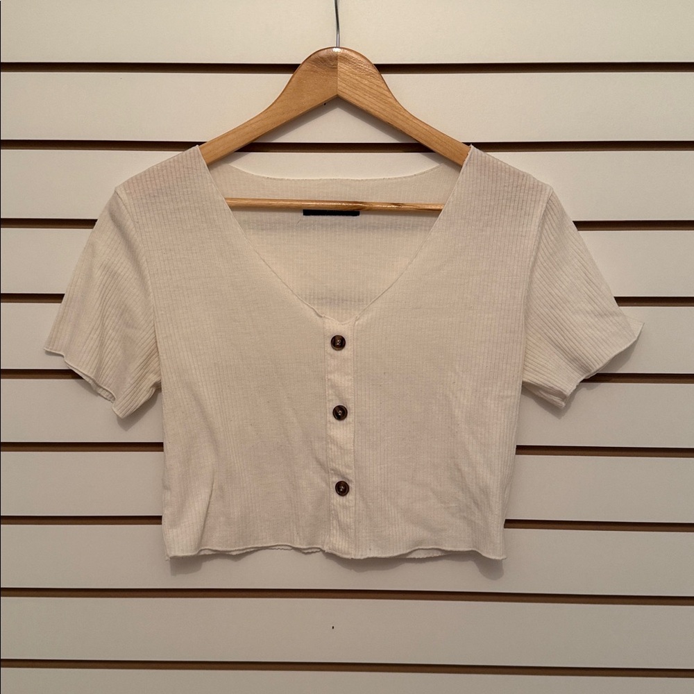 Zaful Cream Short Sleeve Button-Up Tee